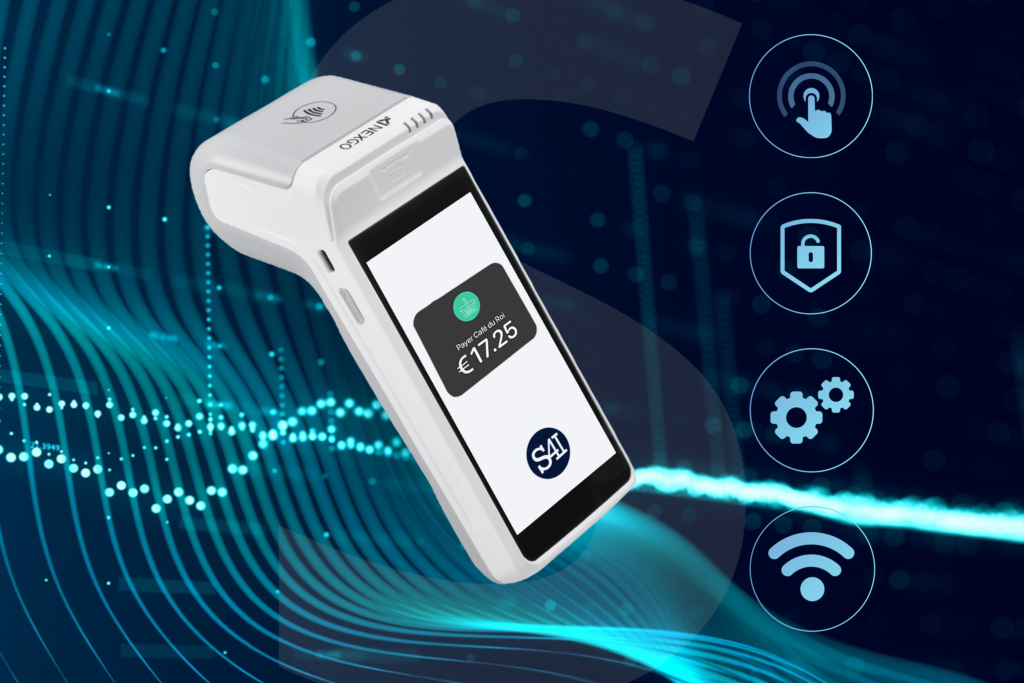 Nouveau terminal de paiement électronique NextGo N 86 avec une présentation moderne mettant en avant ses performances : tactile, sécurité, gestion, wi-fi